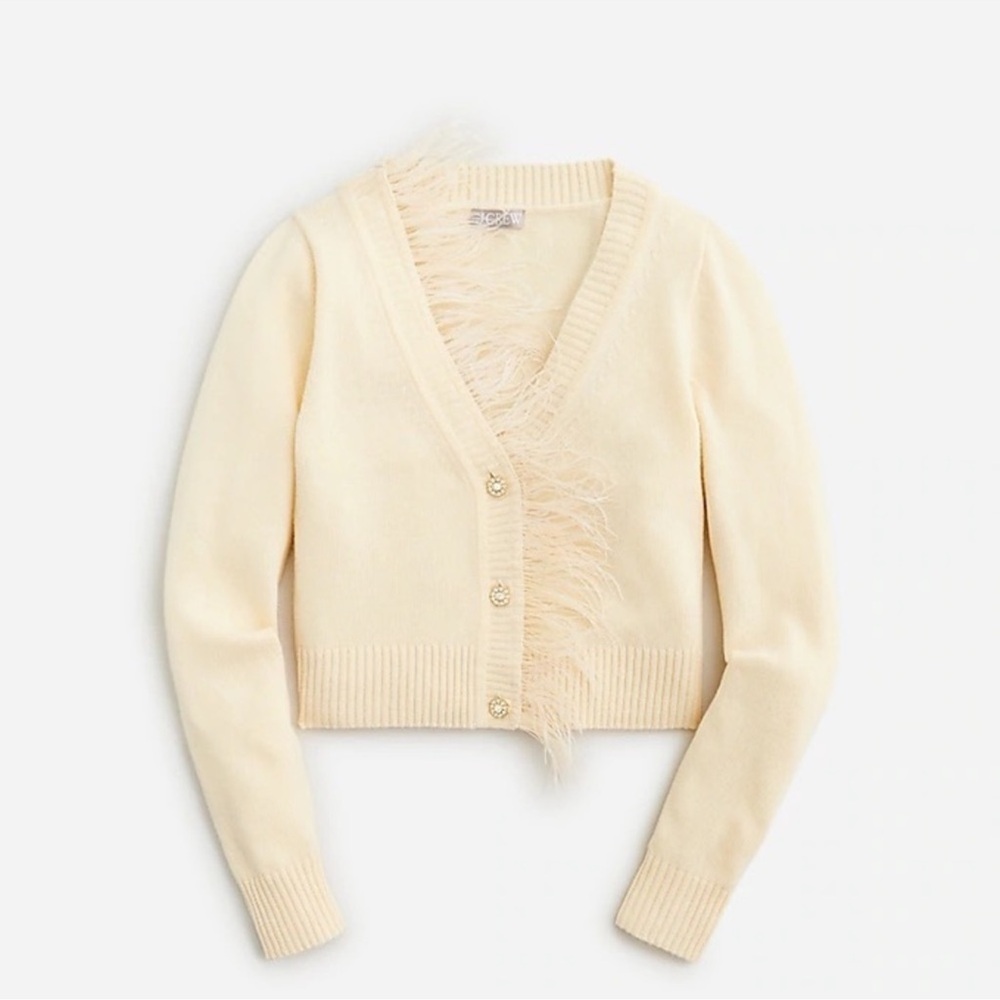 Jcrew NWT cashmere/wool cropped ivory sweater w/rhinestone buttons & feathers